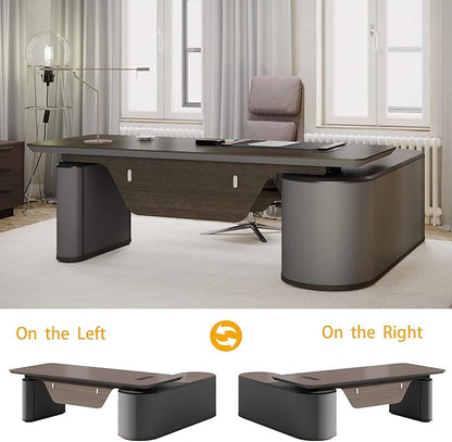 94.5" Reversible L-Shaped Adjustable Height Executive Desk with Oval Storage Cabinet - Black/Brown Standing Desk, Rounded Corners, 3 Drawers & 2 Door Compartments, Flexible Home & Office Workstation