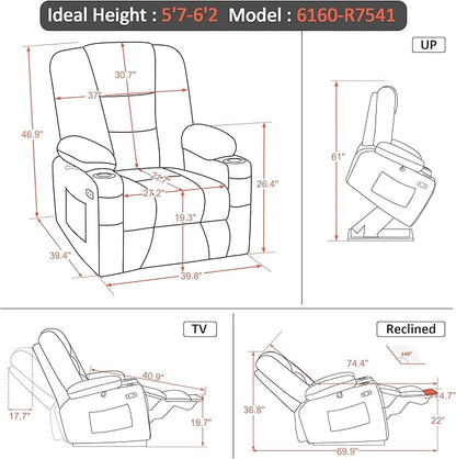 MCombo Oversized Power Lift Recliner Chair with Massage and Heat for Big and Tall Elderly People, Cup Holders, USB Ports, Side Pockets, Faux Leather R7541 (Navy Blue, Large-Oversize)