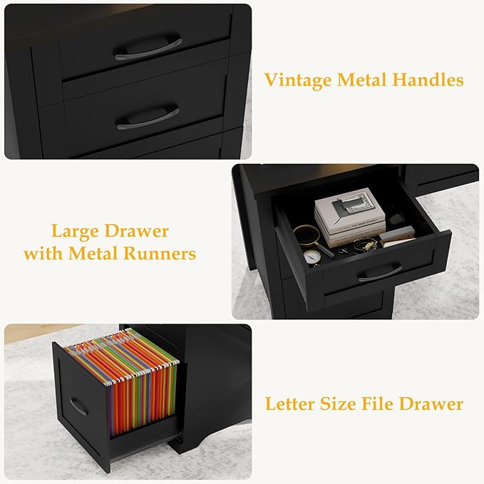 Vabches Farmhouse 47" Executive Desk with File Drawer, Wood Computer Desk with 3 Storage Drawers, Workstation for Home Office, Study, Writing(Black)