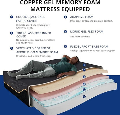 Split King Adjustable Bed Base Frame with Wireless Remote + 14 Inch Copper Memory Foam Mattress Bed in a Box, Head and Foot Incline & Massage, Zero Gravity, Fiberglass Free, 80" × 76"