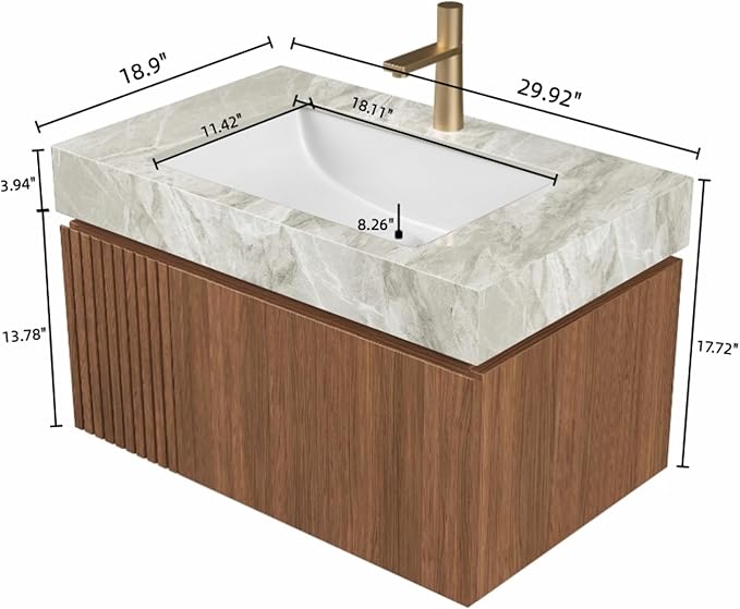 Bathroom Vanity with Sink 30 Inch, Floating Bathroom Vanity Sink Cabinet with Drawer and Door, Undermount Sink & Light Gray Sintered Stone Top, Pre-Assembled, Espresso