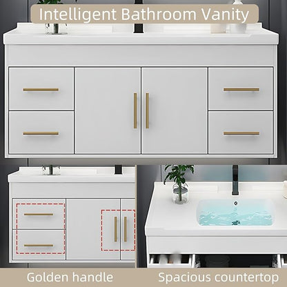 64IN Modern Bathroom Vanity - LED Intelligent Mirror Cabinet Includes Time Display & Defogging | Bathroom Cabinet with Sink & Open Storage Compartments, Ceramic Washbasin, 4 Drawers (Style A)
