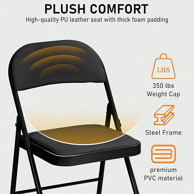 SEALAMB 16 Pack Black Folding Chairs with Padded Seats & Cushion, Durable Metal Foldable Chairs for Wedding Party, Commercial Chairs for Office School Church Events, 330lb Capacity (Black-PU, 16 Pack)
