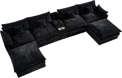 HYJT-H&K 145" U Shaped Cloud Couch Modular Black Fluffy Sectional Couches for Living Room, Comfy Chenille Oversized Cloud Couch Sectional, 6 Seat Large Sectionals Sofa Set Central Console USB