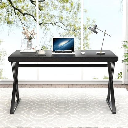 FOLUBAN Black Desk, Modern Wood and Metal Computer Desk for Home Office, Simple Writing Work PC Desks for Bedroom, Industrial Study Gaming Table for Living Room, Black, 53 Inch
