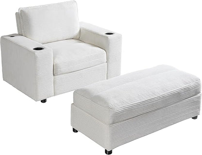 Christopher Knight Home Zoe Oversized Chaise Lounge Chair Indoor with Cup Holders & USB Charging Port, Corduroy Upholstered Sofa Bed + Ottoman with Storage, Comfy Deep Seat Sleeper Sofa Chair, Beige