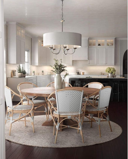Progress Lighting Drum Shade Collection Five-Light Chandelier, Farmhouse Style Hanging Ceiling Light Fixture for Dining Rooms, Foyers, White Textured Linen Shade, Brushed Nickel
