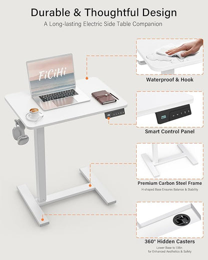 FiCiHi Small Electric Standing Desk - Adjustable Height Bedside Laptop Table with Wheels, Mobile, Portable Rolling Computer Workstation Sit Stand Table for Home Office, Sofa, Couch Use (28x16, White)