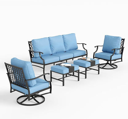 5 Piece Metal Outdoor Patio Furniture Sets, Patio Conversation Sets 1 3-Seater Sofa, 2 Swivel Chairs, 2 Ottomans with 5.75" Thick Cushion, Black All-Weather Backyard Furniture, Blue