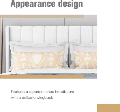 AGARTT Upholstered Platform Bed Frame Queen Size with Headboard and Footboard/Wooden Slats Support/No Box Spring Needed/Easy Assembly,White Linen