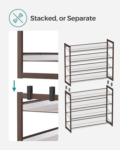 SONGMICS Shoe Rack, 8-Tier Shoe Organizer, Metal Rack for Garage, Set of 2, 4-Tier Stackable Shelf, with Adjustable Flat or Angled Shelves, 32-40 Pairs, Bronze ULMR08A