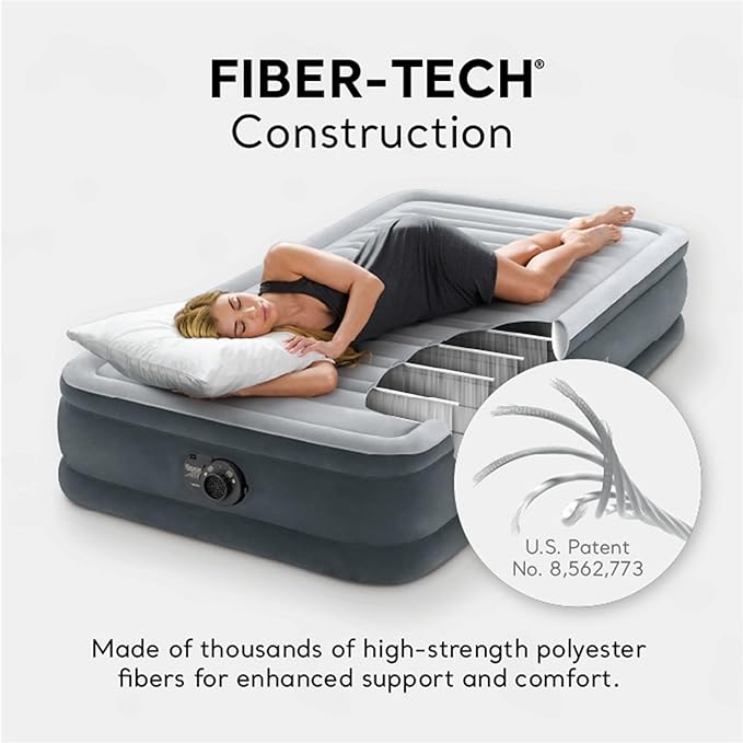 Intex 67765ED Dura-Beam Deluxe Comfort-Plush Mid-Rise Air Mattress : Fiber-Tech – Twin Size – Built-in Electric Pump – 13in Bed Height – 300lb Weight Capacity