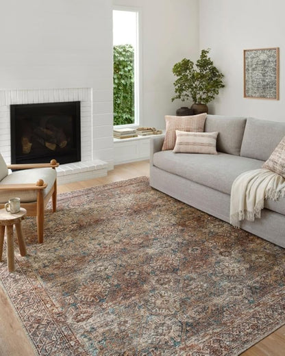 Loloi Amber Lewis Billie Collection, Aqua & Rust 2'-3" x 3'-9" Area Rug – Antique & Distressed Accent Rugs for Living Room, Bedroom, Entryway & Hallway, No Shed High Traffic Area Home Decor Rug