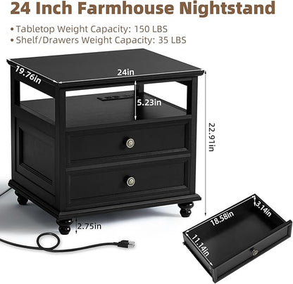 Farmhouse Dresser and Nightstand Sets, Wood 54" Wide Dresser & 24" Night Stand with Charging Station, 2 Piece Bedroom Furniture Set, Chest of Drawers for Bedroom, Home, Living Room, Hallway