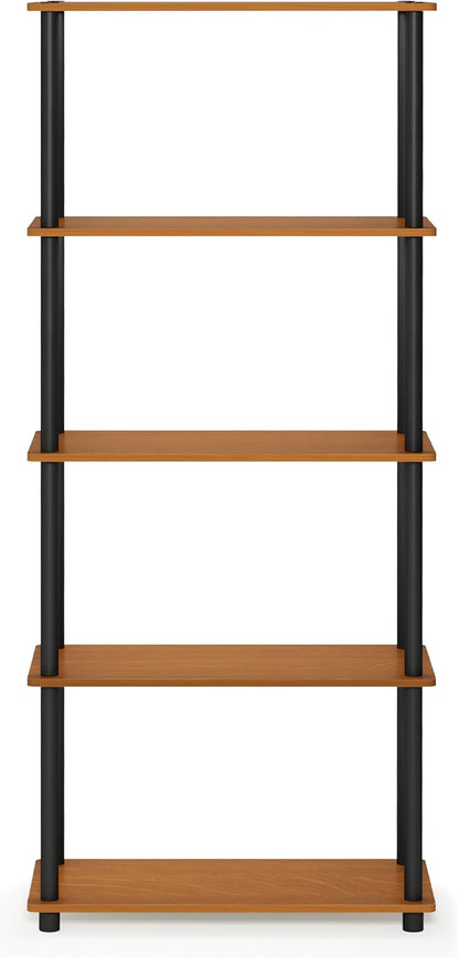 Furinno TURN-N-TUBE Storage Shelves, 5-Tier Book Shelf, Corner Shelf, Toolless Open Shelves, for Organization and Storage, Living Room, Garage, Home Office, Light Cherry
