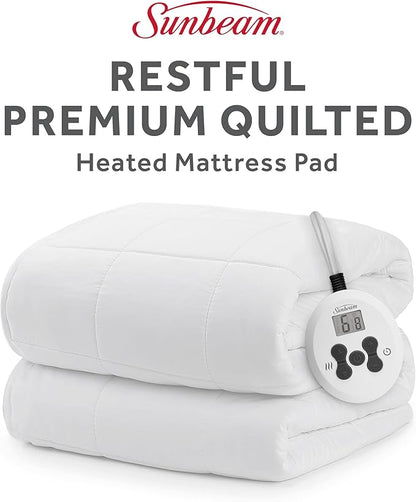 Sunbeam Premium Quilted Electric Heated Mattress Pad, 54" x 75", 12 Heat Settings, 12-Hour Selectable Auto Shut-Off, Warmth for Restful Sleep, Machine Washable, White