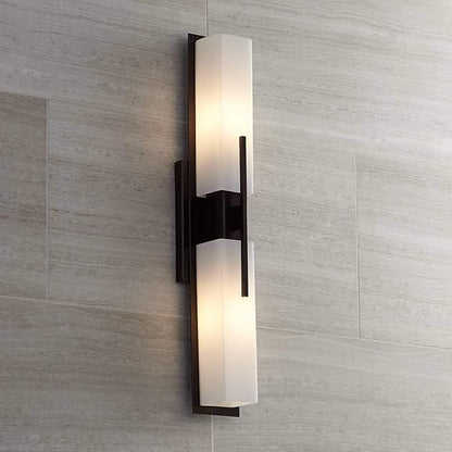 Possini Euro Design Midtown Modern Wall Light Bronze Metal Hardwired 23 1/2" 2-Light Fixture White Glass Shade for Bedroom Bedside Bathroom Vanity Living Room Hallway Dining House Home Kitchen