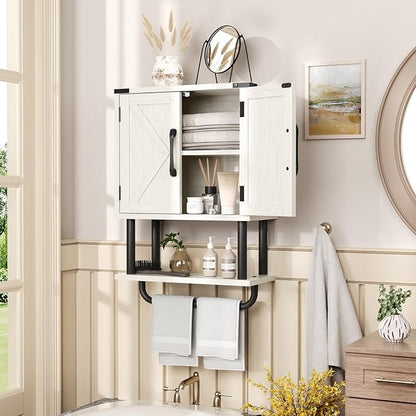 AmazerBath Bathroom Wood Wall Cabinets, Farmhouse Medicine Cabinets Organizer with Towel Bar, Hanging Small Storage Cabinet with Adjustable Shelf, 2 Doors Wall Organizer Cabinet for Small Spaces