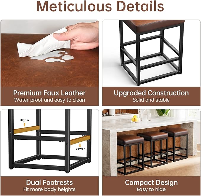 Counter Height Bar Stools Set of 3, 24" Barstools for Kitchen Countertop, Faux Leather Counter Stools with Thick Square Seats & Sturdy Metal Base, Simple Assembly, Brown