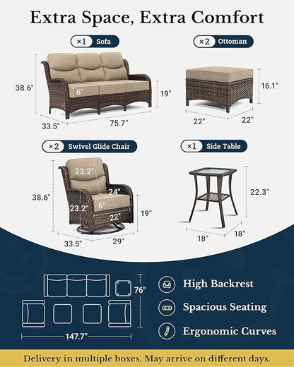 HILLGA Luxury Patio Furniture Set with 6-inch Thick Cushion, Outdoor Couch and High Back Swivel Rocker Patio Chairs, 6PCS Wicker Conversation Set for Deck Yard and Poolside, Beige (V2)