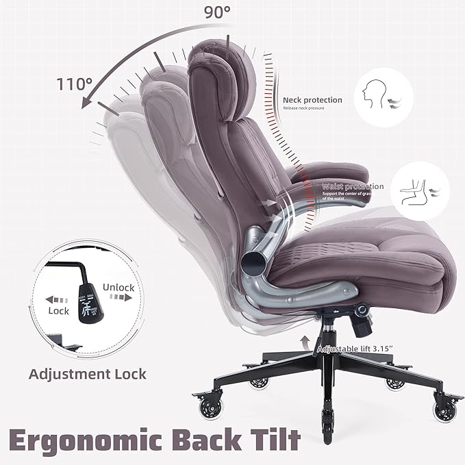 Large High Back Office Chair with Flip Arms- Executive Desk Chair with Locking Wheels, Adjustable Lumbar Support, Ergonomic Breathable Fabric Computer Chair Prevents Cats Scratching