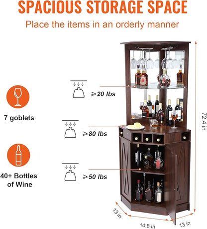 VEVOR Corner Industrial Bar Cabinet, Wine Table for Liquor & Glasses, Sideboard Buffet Cabinet with Glass Holder, Freestanding Farmhouse Wood Coffee Bar Cabinet for Living Room, Home Bar, Black Walnut