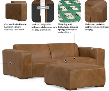 SIMPLIHOME Rex Modular Sofa and Ottoman Set in Full-Grain Genuine Leather, Caramel Brown, 88-inch-Wide 2-Seater Leather Couch and Matching 34-inch-Wide Table Ottoman for Living Room