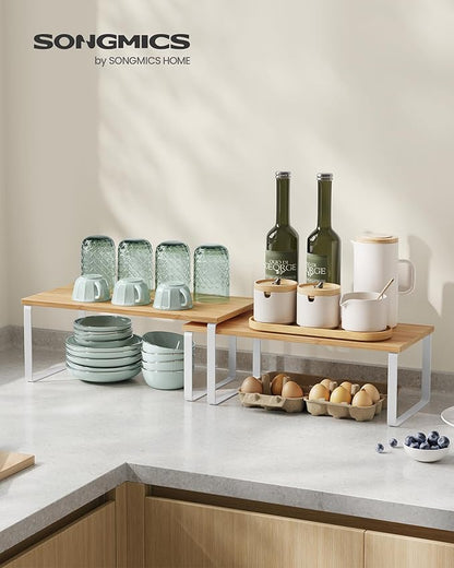 SONGMICS Cabinet Organizer Shelf, Set of 4 Kitchen Counter Shelves, Kitchen Storage, Spice Rack, Stackable, Expandable, Metal and Engineered Wood, Cloud White and Natural Beige UKCS210W01