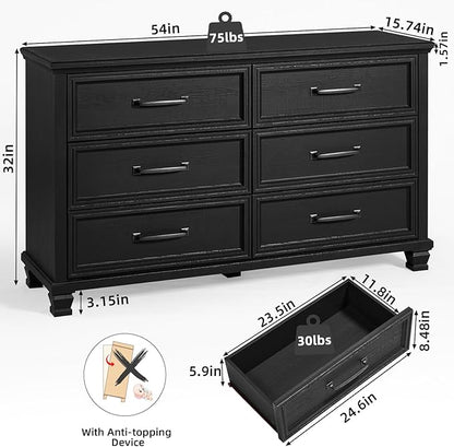 Farmhouse Black Bedroom Sets of 4, Includes 6 Drawer Large Dresser, Vintage Night Stand with 3 Drawers, Small 5 Chest of Drawers, Wood Rustic Dresser & Nightstand Set for Home, Living Room