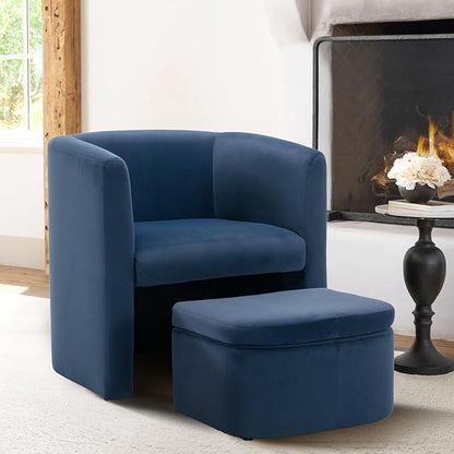 Mid-Century Velvet Living Room Chair with Storage Ottoman, Space-Saving Accent Chairs for Bedroom/Reading Spaces/Office, Blue