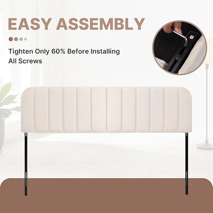 Upholstered Headboard - Striped Interval - Adjustable Height - Metal Legs - Bed Frame (Beige, King (U.S. Standard))