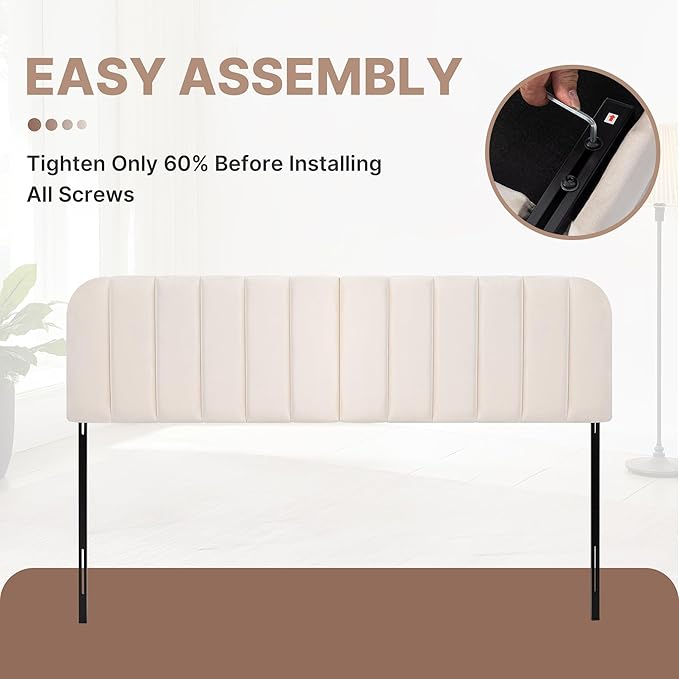 Upholstered Headboard - Striped Interval - Adjustable Height - Metal Legs - Bed Frame (Beige, Queen (U.S. Standard))