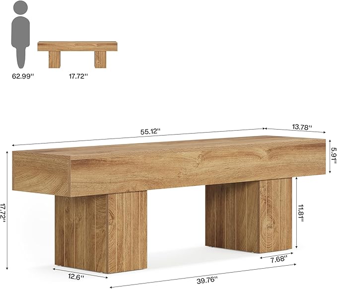 Tribesigns 55" Dining Bench, Farmhouse Wooden Entryway Bench, End of Bed Bench, Indoor Bench for Bedroom, Dining Room, Kitchen, Hallway, Light Brown