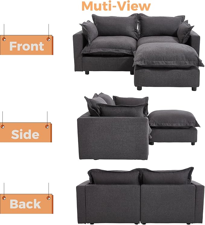 chairus 68" Love Seat Sofa with Ottoman Upholstered Linen Deep Seat Couch with Pillow Modular Oversized Couch Sleeper for Living Room, Bedroom, Reception Room, Apartment, 2-Seater/Black