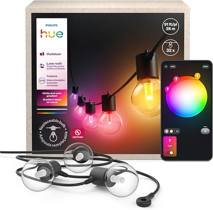 Philips Hue Festavia Globe Outdoor String Lights, White and Color Ambiance, 91ft, 32 Bulbs, Dimmable, Control with Hue App, Works with Alexa, Google Assistant, Apple Home