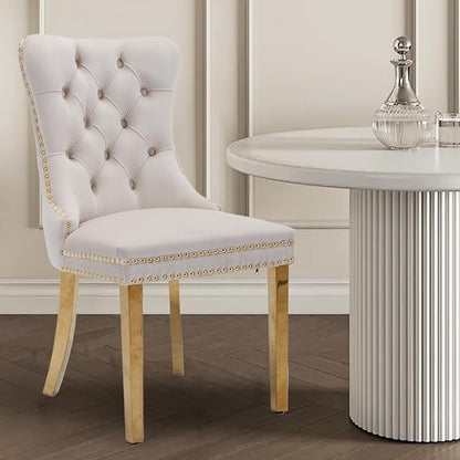 Velvet Upholstered Dining Chairs Set of 8, Modern Style Kitchen Side Chairs with Nailhead Trim and Gold Plated Leg, Metal Pulling Ring for Dining Room Living Room(Beige)