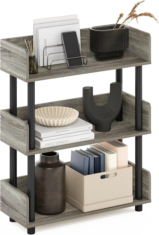 Furinno TURN-N-TUBE 3-Tier Display Shelf, Storage Shelves, Book Shelf, Open Shelves with Rounded Corner Top Edges, for Organization and Storage, Living Room, Home Office, French Oak