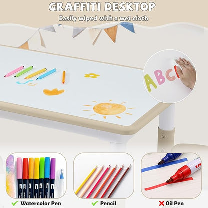 Adjustable Kids Table Chairs Set – Graffiti Desktop, Multi-Activity Height-Adjustable Toddler Study Desk for Ages 3-8 – Ideal for Home, Classroom, Daycare (B-Wood, 4 Chairs-47.2" L x 23.6" W)