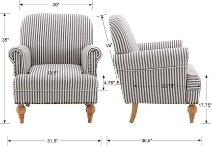Linen Accent Chairs Set of 2 Mid-Century Modern Living Room Armchair with Nailhead Trim & Wood Legs Comfy Upholstered Single Sofa Chair for Lounge/Bedroom/Reception, Black Stripe