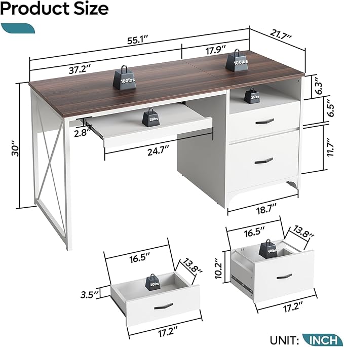 Bestier Office Desk with Drawers, 55 inch Industrial Computer Desk with Storage, Wood Teacher Desk with Keyboard Tray & File Drawer for Home Office, Walnut
