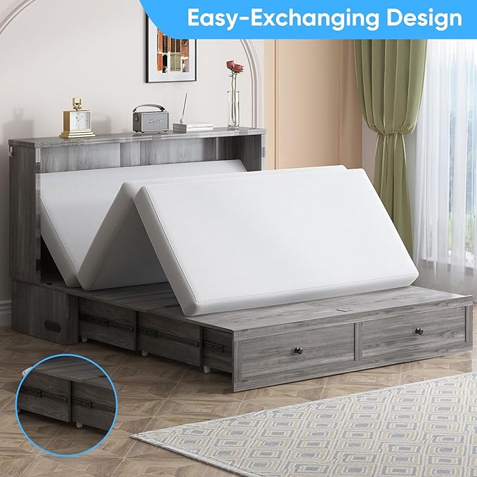 Mjkone Murphy Bed, Cabinet Murphy Bed with Tri-Fold Memory Foam Mattress, Farmhouse Wooden Cabinet Beds with USB Charging Station and 2 Storage Drawers for Bedroom/Office/Guest Room-Gray, Queen
