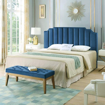 24KF Navy Blue Velvet Tufted King Upholstered Headboard, Modern Vertical Channel Design California King Headboard with Stepped Silhouette Top Edge, Navy Blue