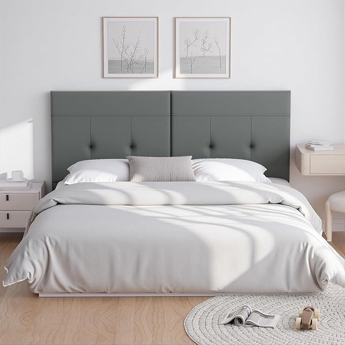 Headboard Queen Size Upholstered Faux Leather, Queen Headboard with Sturdy Metal Legs, Tufted Upholstery Design Headboards with Adjustable Width & Height (Grey)
