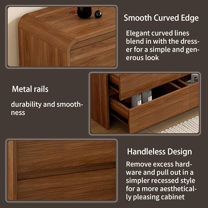 9 Drawer Dresser For Bedroom 63 Inch Wooded Chest of Drawers - Curved Anti Collision, Mid Century Dresser For Closet with Natural Texture & Pre-Embedded Slots for TV Stand, Living Room, Hallway