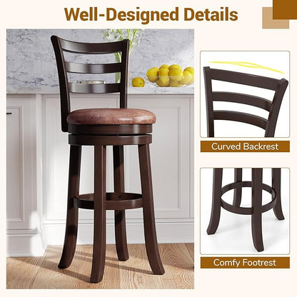 COSTWAY 30” Bar Height Stools Set of 2, Swivel l High-Top Chairs with Backrest & Faux Leather Padded Seat, Rubber Wood Barstools with Footrest for Kitchen, Dining Room, Pub (2,30'')