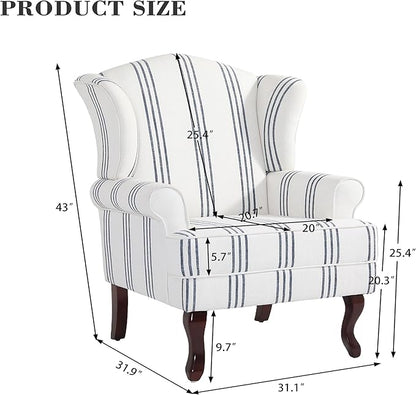 Pia Ricco Set of 2 Stripe High Back Accent Chairs: Upholstered Fabric Armchairs with Solid Wood Legs - Retro Living Room Pair, Comfy Reading Sofa Seats-Navy