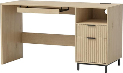 Fluted Executive Desk, 55" Modern Wood Home Office Desk with Charging Station, File Drawer, Open Storage, Computer Writing Desk for Work Study Writing, Light Oak