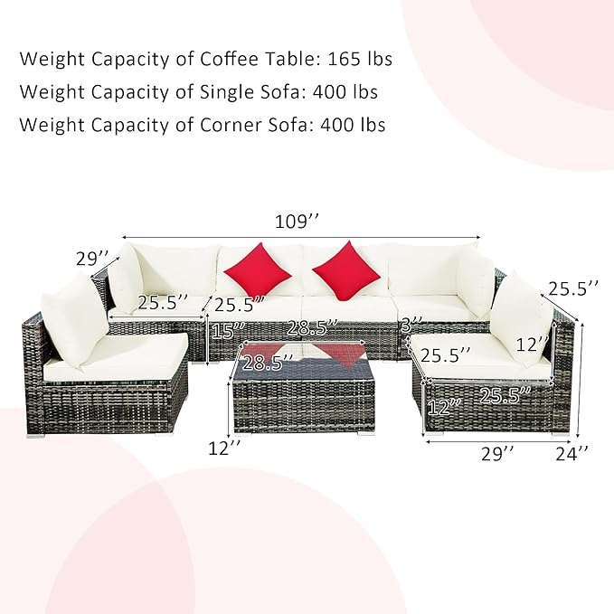 Tangkula 7 Pieces Patio Rattan Furniture Set, Patiojoy Outdoor Conversation Set with Cushions and Tempered Glass Coffee Table, All-Weather Sectional Sofa Set for Garden, Lawn, Backyard (White)