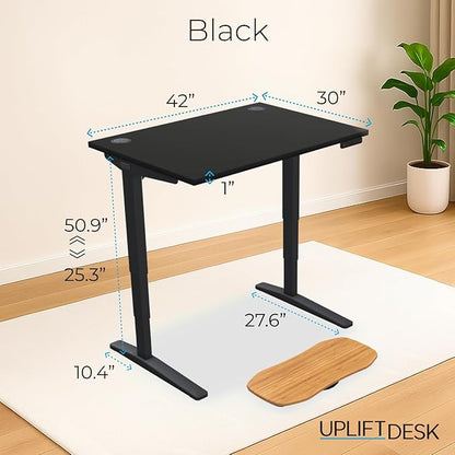 UPLIFTDESK V2 2-Leg Black Laminate Wood Standing Desk – Adjustable Height, Advanced 1-Touch Memory Keypad, Under Desk Cable Management, Wire Grommets & Rocker Board (Black C-Frame, 42 x 30 inch)