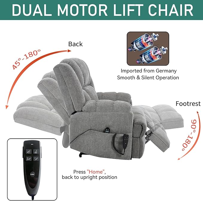 Power Lift Recliner Chair for Elderly, Oversized Chenille Electric Recliners Chairs for Living Room, Dual Motor 180° Lay Flat Recliner Big Sofa with Massage and Heating, Heavy-Duty, Light Grey